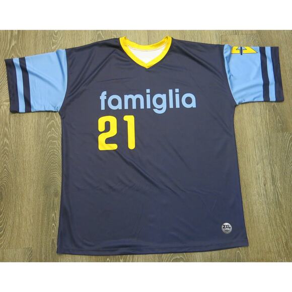 FAMIGLIA 21 Baseball Jersey Size  2XL Short Sleeve Custom Made Logo MM Blue - Picture 1 of 10